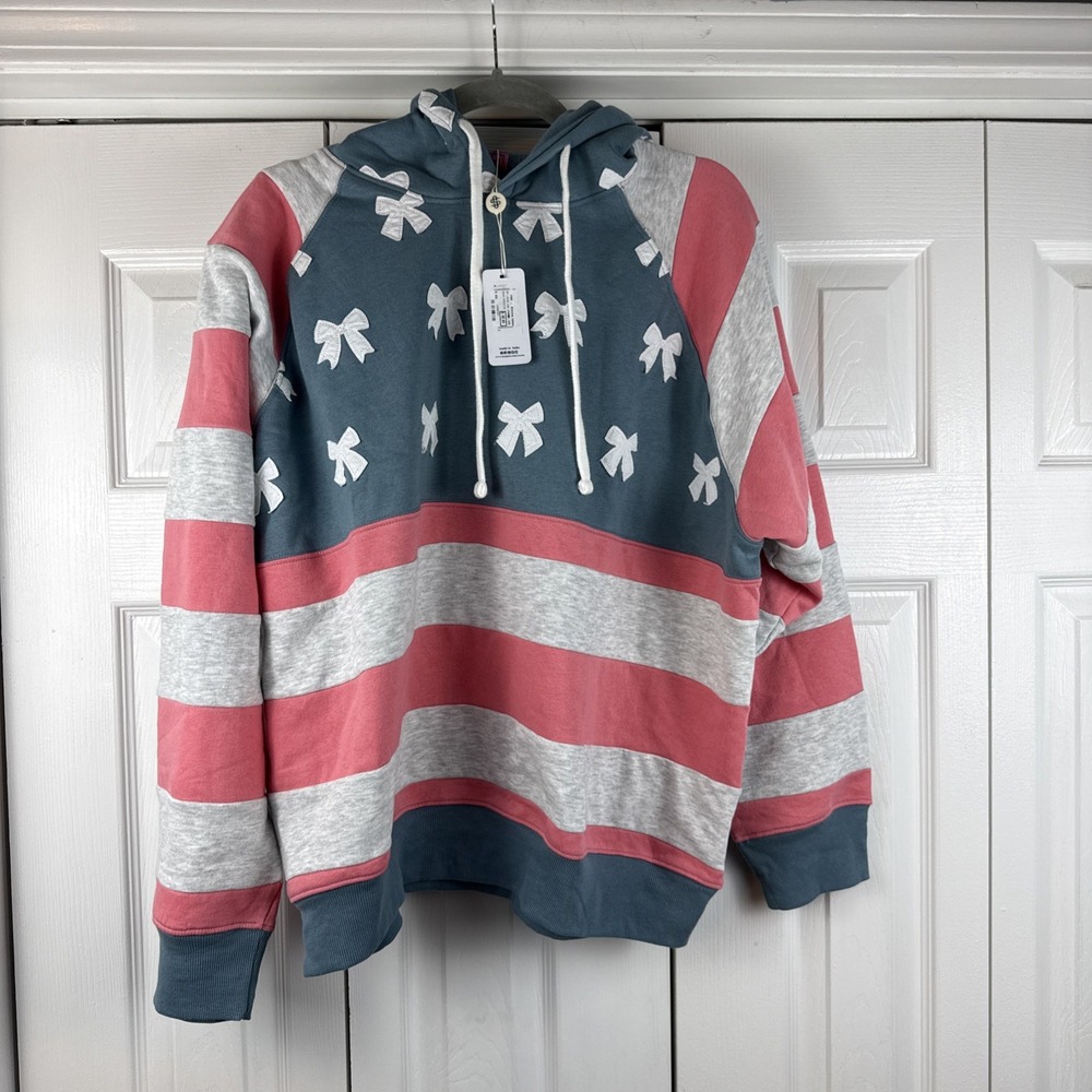 Simply Southern USA Bow Patch Hoodie Soft Gray Blue Coral NWT XXL